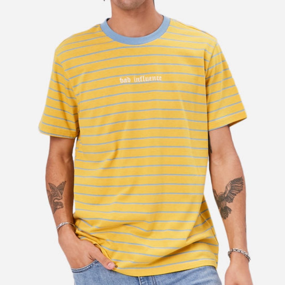 Forever 21 Mens Bad Influence White Embroidered Graphic Striped Tee in Yellow